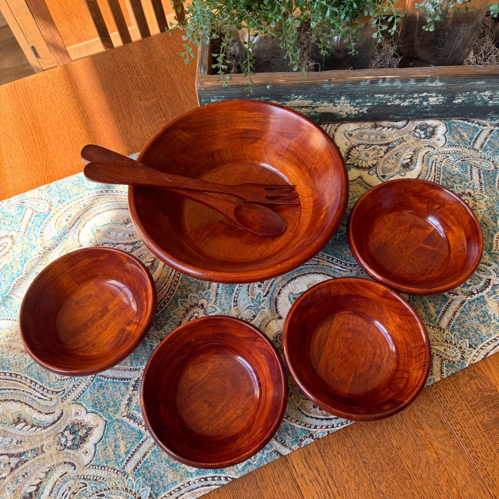 Pomerantz Wooden Salad Bowl Set Complete 7 piece set Vintage Taiwan